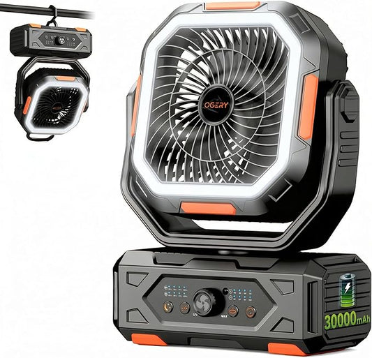 OGERY Camping Fan, Portable Fan Rechargeable with 30000mAh Battery, Stepless Speed Control, Fast Charging, Remote & LED Lantern for Tent, Travel, Car Camping, Camping Essentials