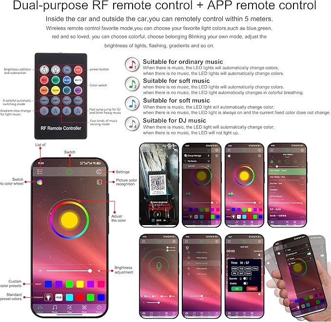 Car Ambient Lighting with Bluetooth App Control + RF Remote Control 64 Colors Multicoloured Music Interior Footwell Lighting Kit DC 12V 1W