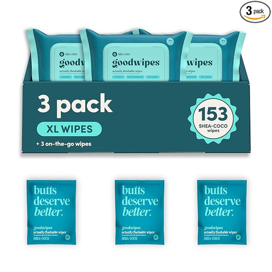 goodwipes Flushable Butt Wipes - Vitamin E & Aloe - Sewer & Septic Safe - Extra Large Adult Wet Wipes For Women & Men - Bathroom Essentials - Shea-Coco, 153 Count (3 Packs + 3 Individually Wrapped)