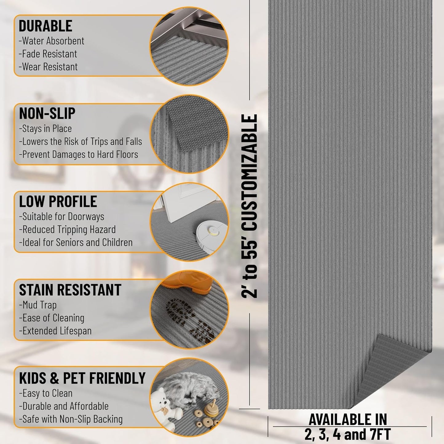 Ottomanson 2'7" x 46' Hallway Runner with Scraper Pile - Extra Durable Non-Slip Rug Mat for Indoor & Outdoor Use - Ideal for Kitchen, Entryway & Garage - High-Traffic Carpet, Gray