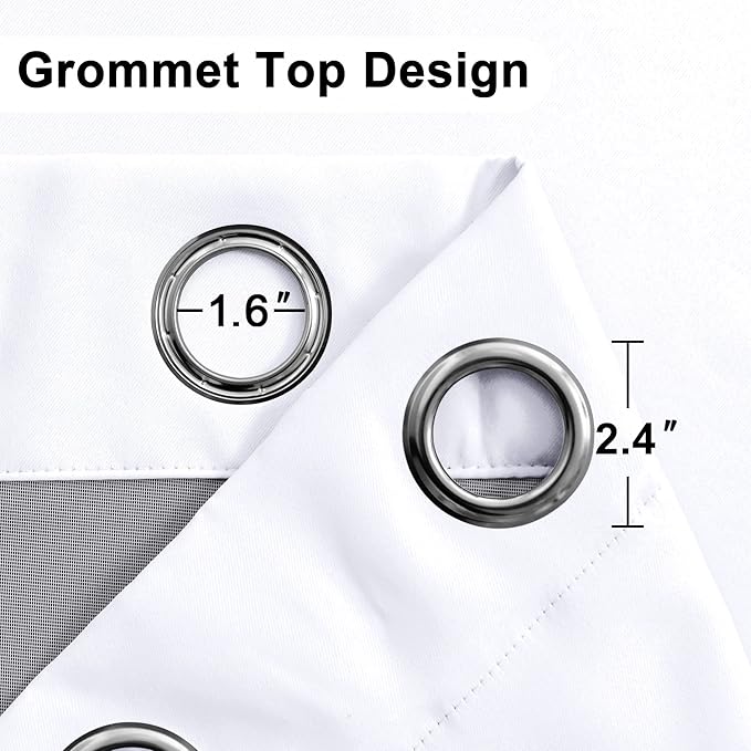 XWZO 100% Blackout Curtains 2 Panels with Tiebacks- Heat and Full Light Blocking Window Treatment with Black Liner for Bedroom/Nursery, Grommet Top, White, W52 x L84 Inches Long, Set of 2