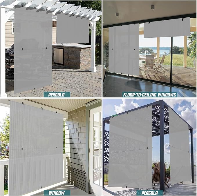 Bynbbur 6'W x 9.5'H Outdoor Patio Shades Foldable Roller Blinds, 220 GSM Sun Shade Roll Up Porch Screens Exterior Shade Cloth for Deck Pergola Backyard, Light Gray