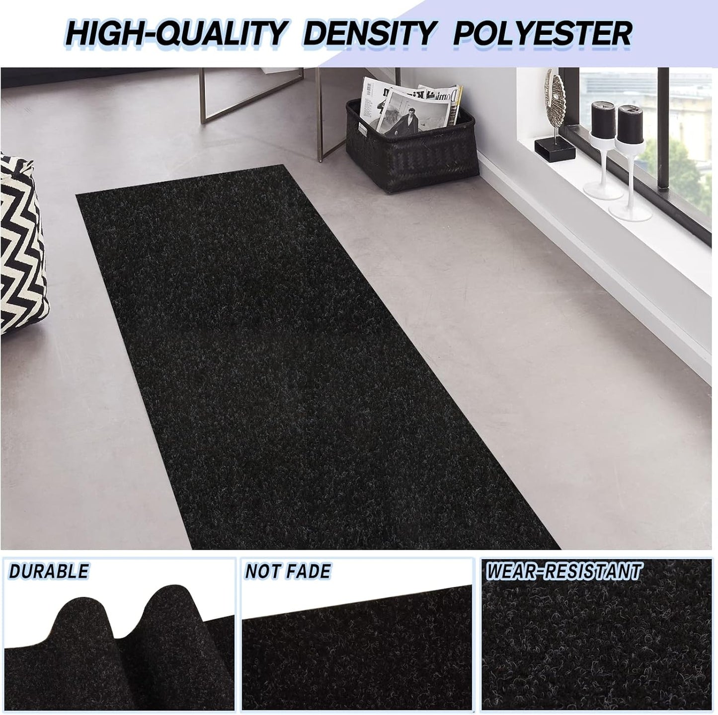 Custom Size Backed Non-Slip Area Rugs Runner, Easy Clean, Waterproof Runner Rugs for Hallway Entryway, Kitchen, Laundry, 3FT x 48FT, Black