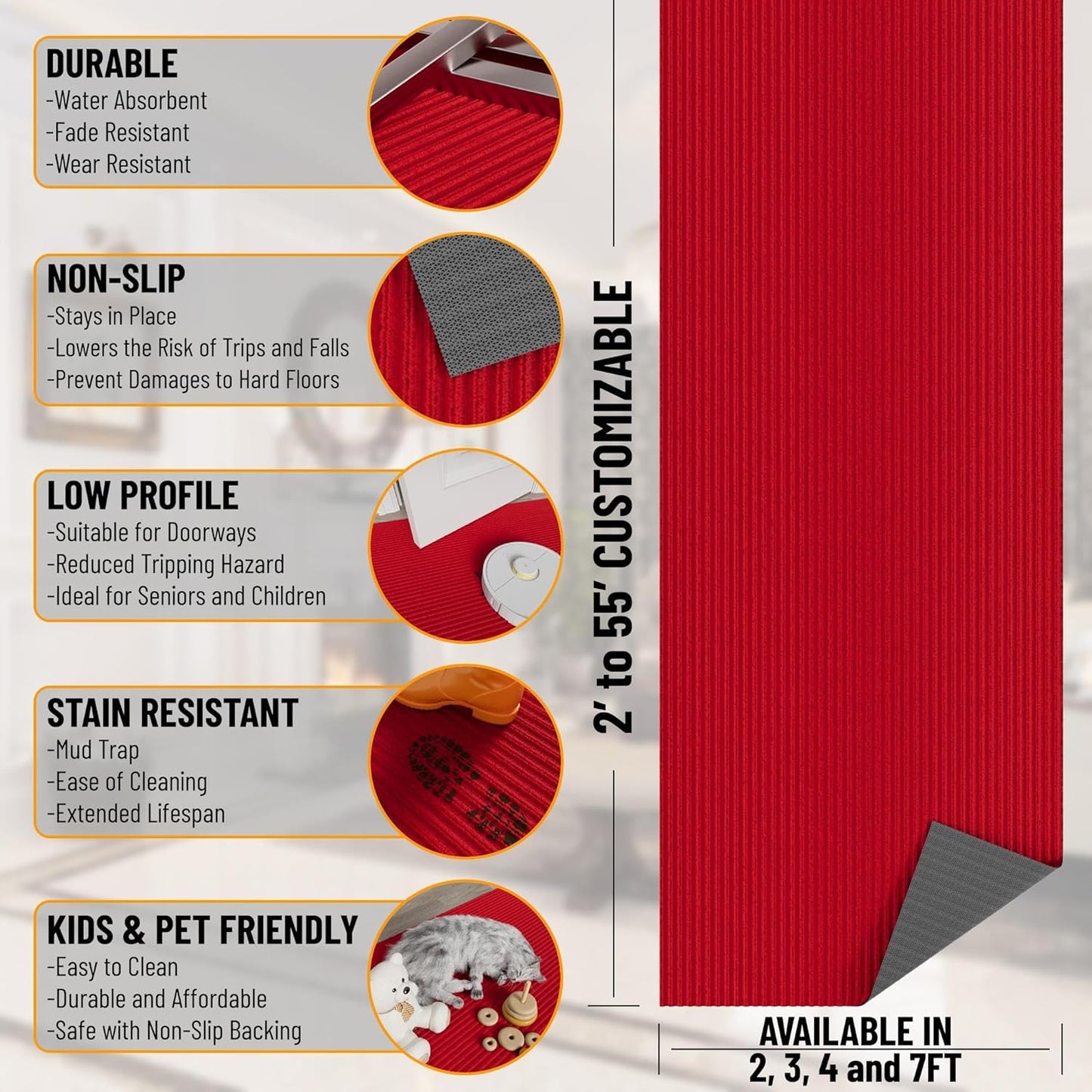 Ottomanson 6'6" x 10' Mud Mat Area Rug Scraper Carpet - Non-Slip, Dirt Trapping for Indoor & Outdoor Use - Ideal for Entryway, Garage, Kitchen, Patio & High-Traffic Areas, Red