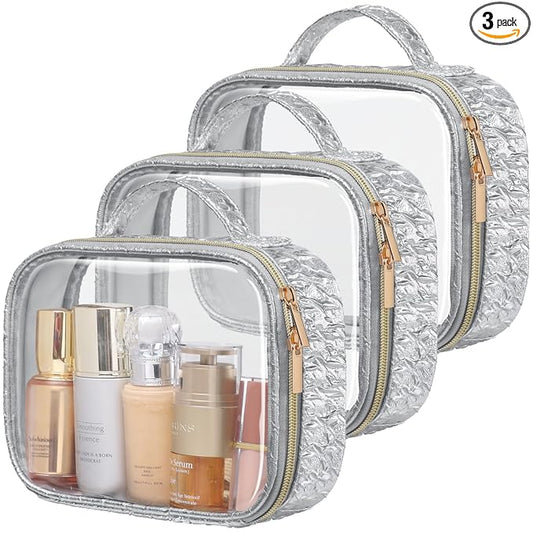PACKISM TSA Approved Toiletry Bag - 3 Pack Ruched Textured Clear Makeup Bag, Metallic Silver, with 180° Large Opening and Supporting Frame, Perfect for Travel Essentials, Thick No Smell