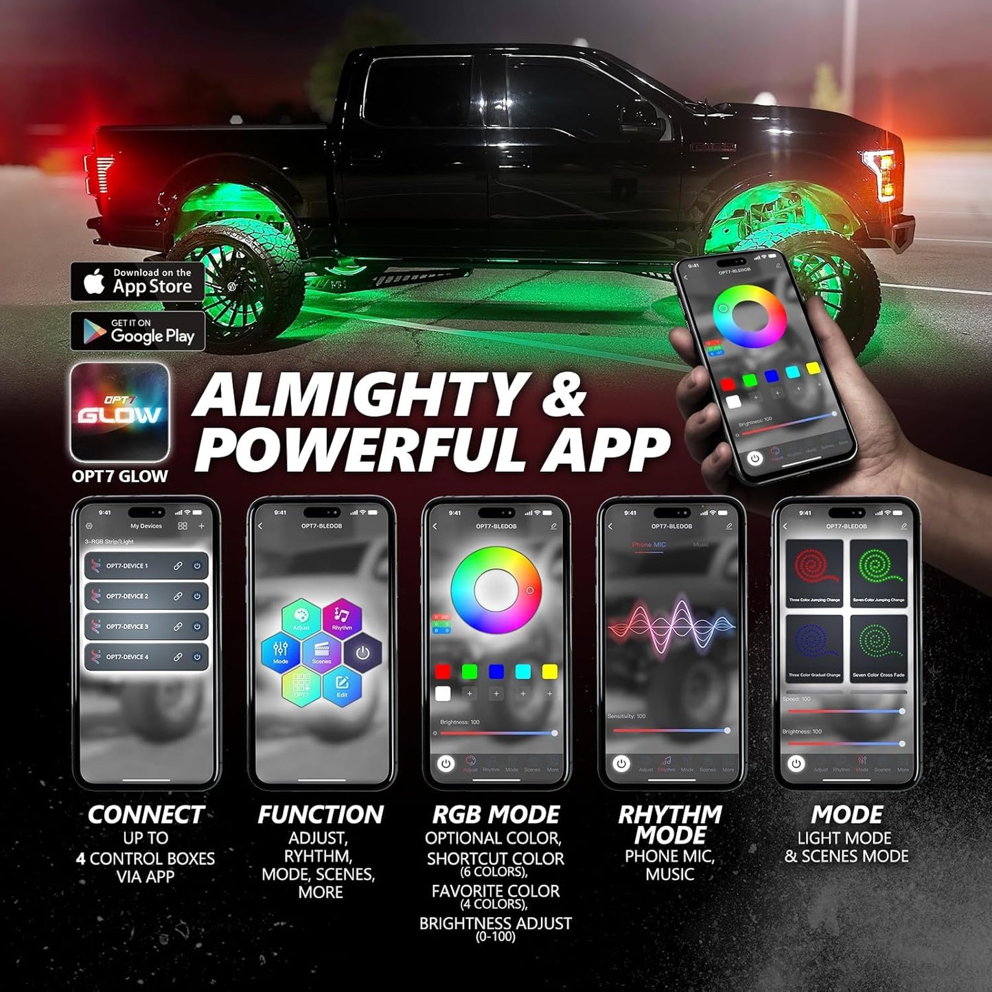 OPT7 Photon RGB LED Magnet Rock Lights with APP & Remote Control, 8 Red Pods Wide Angle Multicolor Neon Underglow Lighting Kit with Extension Wire, IP68 Waterproof for Offroad Truck Jeep RZR ATV UTV