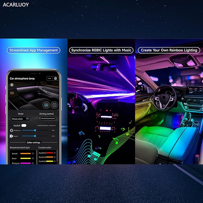 Acrylic Car Interior LED Lights, Wireless App, Ambient Lighting Kit, Fiber Optic LED Light Strips, 24 Million Colors, Music and DIY Functions