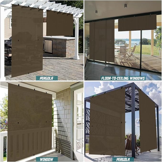 Bynbbur 5'W x 14.5'H Outdoor Patio Shades Foldable Roller Blinds, 220 GSM Sun Shade Roll Up Porch Screens Exterior Shade Cloth for Deck Pergola Backyard, Brown
