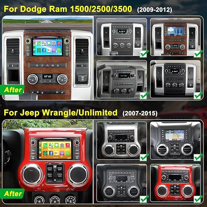 Car Radio Stereo with CD/DVD Player for Dodge RAM 1500 2500 3500 (2009-2012), for Jeep Wrangle/Unlimited (2007-2015),7 Inch Head Unit with CarPlay & Android Auto,Bluetooth & GPS Navigation