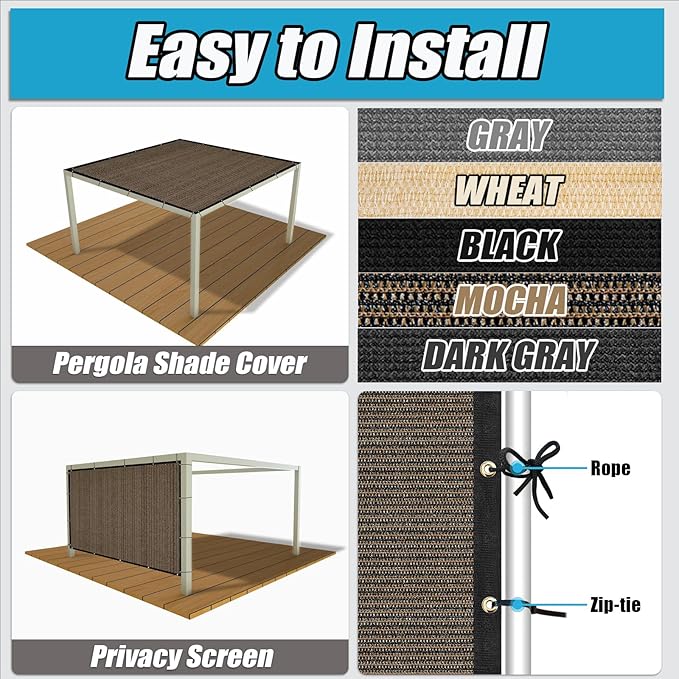 Amagenix 90% Shade Fabric 13'X 18' Mocha Sun Shade Cloth with Grommets for Pergola Replacement Shade Cover Canopy, Heavy Duty, Cable Zip Ties Included (We Customized)