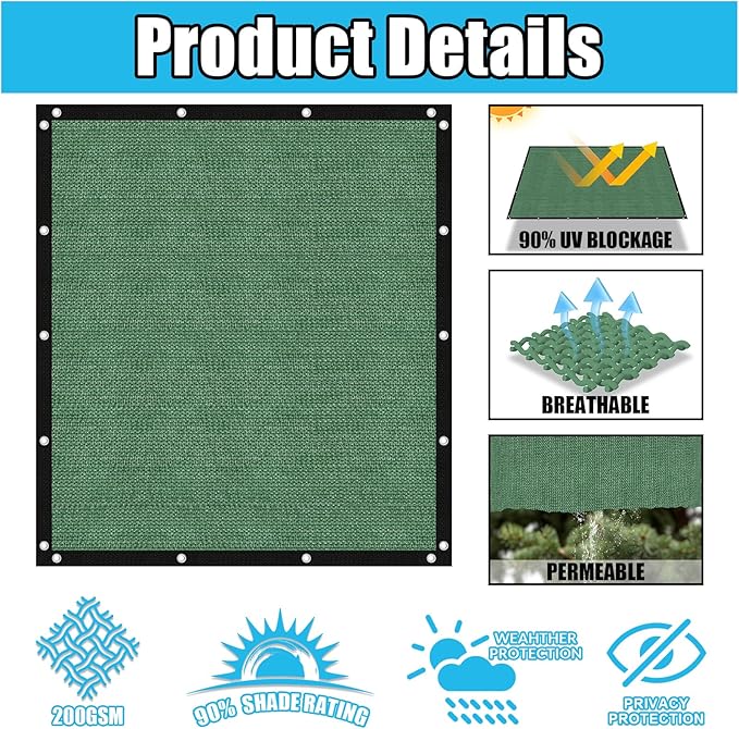 Amagenix 90% Pergola Shade Cover 15' X 15' Sun Shade Cloth with Grommets for Outdoor Garden Patio Porch, Commercial Grade 200 GSM - Cable Zip Ties Included (We Customized) GN108, Green