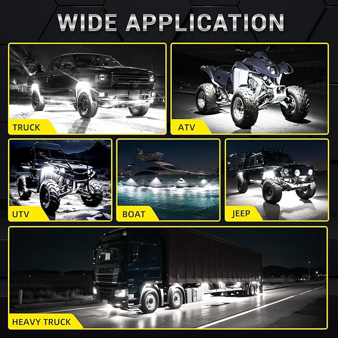 6 Pods Full Angle Pure White LED Rock Lights for Golf Cart ATV UTV RZR Trucks Offroad Pickup RV SUV, 6500K Super Bright Waterproof White Underglow Kit with Switch Wiring Harness Extension Wires