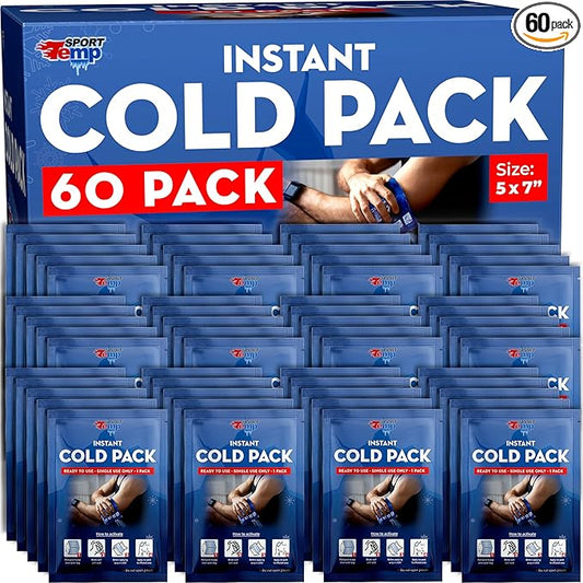Sport Temp Instant Ice Cold Packs (7”x 5”) Disposable Ice Packs for Pain Relief, Swelling, Injuries, Toothaches, and Sprains – Cold Therapy for Athletes, First Aid, Travel & Outdoor Use (60 Pack)