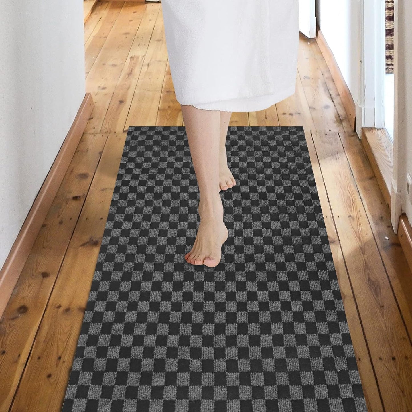 Custom Size Backed Non-Slip Area Rugs Runner, Easy Clean, Waterproof Runner Rugs for Hallway Entryway, Kitchen, Laundry, 4FT x 42FT, Gray Checkered