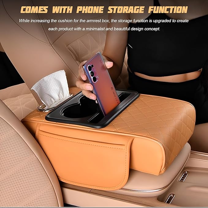 Zpana Car Center Console Armrest Pillow, Memory Foam Leather 4 in 1 Vehicle Arm Rest Cover with Tissue Box 2 Side Storage Bag Cup & Phone Holder, Auto Armrest Cushion, Universal Fit (Black/Red)