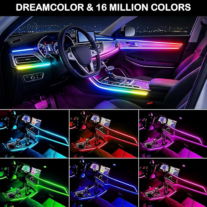 Interior Car LED Strip Lights, Acrylic LED Lights RGB Dreamcolor 6 in 1 with 175 inches 593 LEDs Fiber Optic Ambient Lighting Kits,APP and Remote Control 16 Million Colors Car Neon Lights