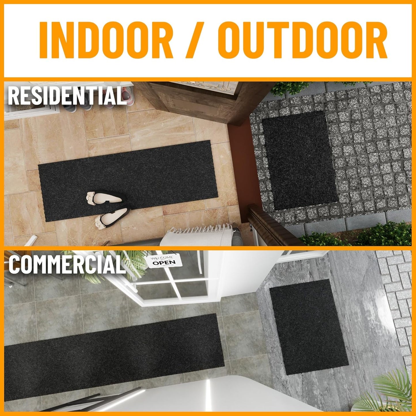 Ottomanson 2' x 40' Hallway Runner with Scraper Pile Extra Durable Non-Slip Rug Mat for Indoor & Outdoor Use - Ideal for Kitchen, Entryway, Patio & Garage - High-Traffic Carpet, Black