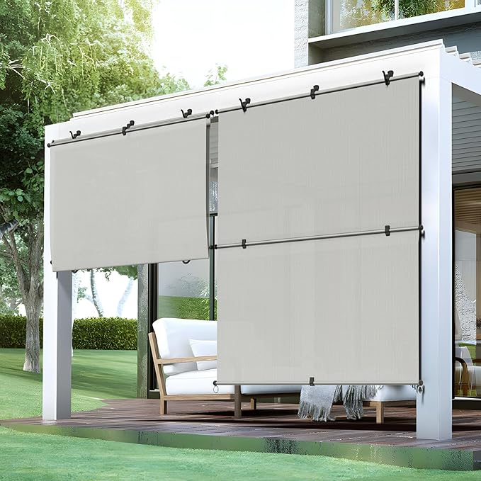 Bynbbur 6'W x 10'H Outdoor Patio Shades Foldable Roller Blinds, 220 GSM Sun Shade Roll Up Porch Screens Exterior Shade Cloth for Deck Pergola Backyard, Light Gray