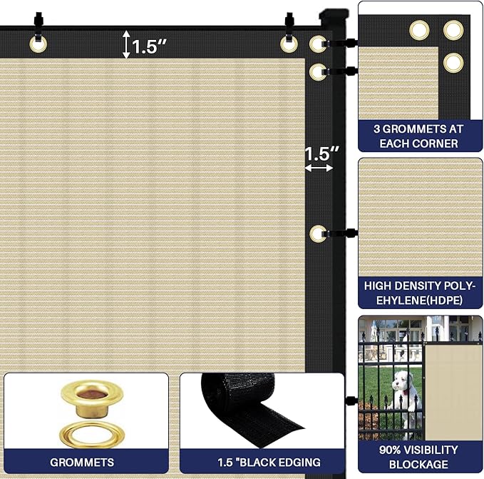 Windscreen4less Privacy Fence Screen Heavy Duty Windscreen Fencing Mesh Fabric Shade Net Cover with Brass Grommtes for Outdoor Wall Garden Yard Pool Deck, 8'x208' Beige