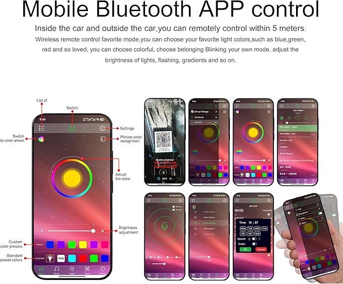 6 m Optic Fiber Car Ambient Lighting Kit Bluetooth App Control 64 Colors Multicoloured Music Interior Lighting Kit 12V 1W