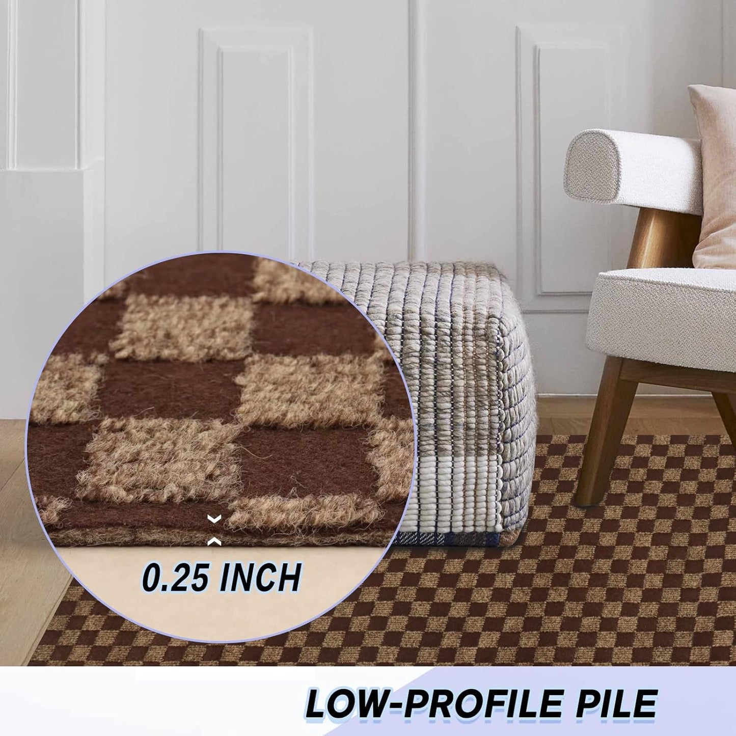 Custom Size Backed Non-Slip Area Rugs Runner, Easy Clean, Waterproof Runner Rugs for Hallway Entryway, Kitchen, Laundry, 2FT x 8FT, Brown Checkered