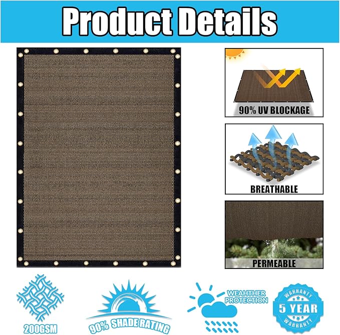 Amagenix 90% Shade Fabric 22'X 23' Mocha Sun Shade Cloth with Grommets for Pergola Replacement Shade Cover Canopy, Heavy Duty, Cable Zip Ties Included (We Customized)