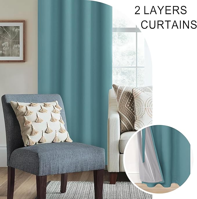 XWZO 100% Blackout Curtains - Thermal Insulated Black Liner Curtains, Noise Reducing and Heat Blocking Drapes for Hall and Studio Windows with Tiebacks, Stone Blue, W42 x L54, Set of 2