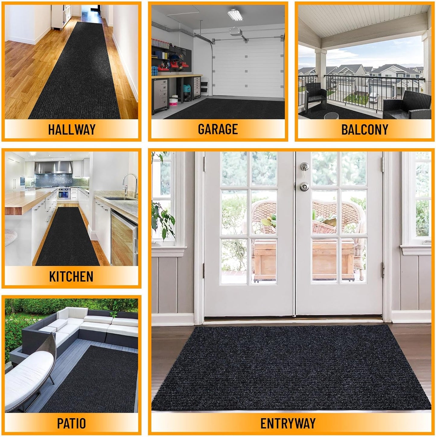 Ottomanson 2'7" x 35' Hallway Runner with Scraper Pile - Extra Durable Non-Slip Rug Mat for Indoor & Outdoor Use - Ideal for Kitchen, Entryway & Garage - High-Traffic Carpet, Black