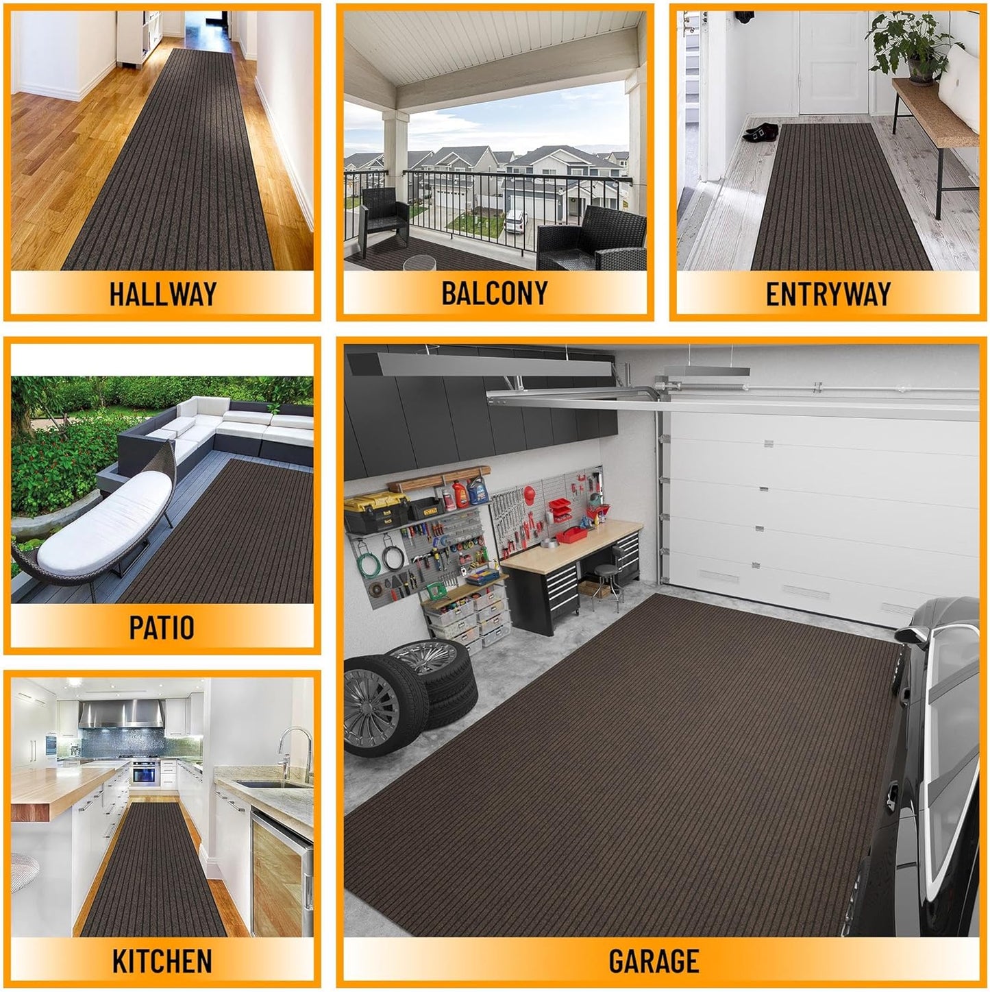 Ottomanson 2' x 12' Hallway Runner with Scraper Pile Extra Durable Non-Slip Rug Mat for Indoor & Outdoor Use - Ideal for Kitchen, Entryway, Patio & Garage - High-Traffic Carpet, Brown