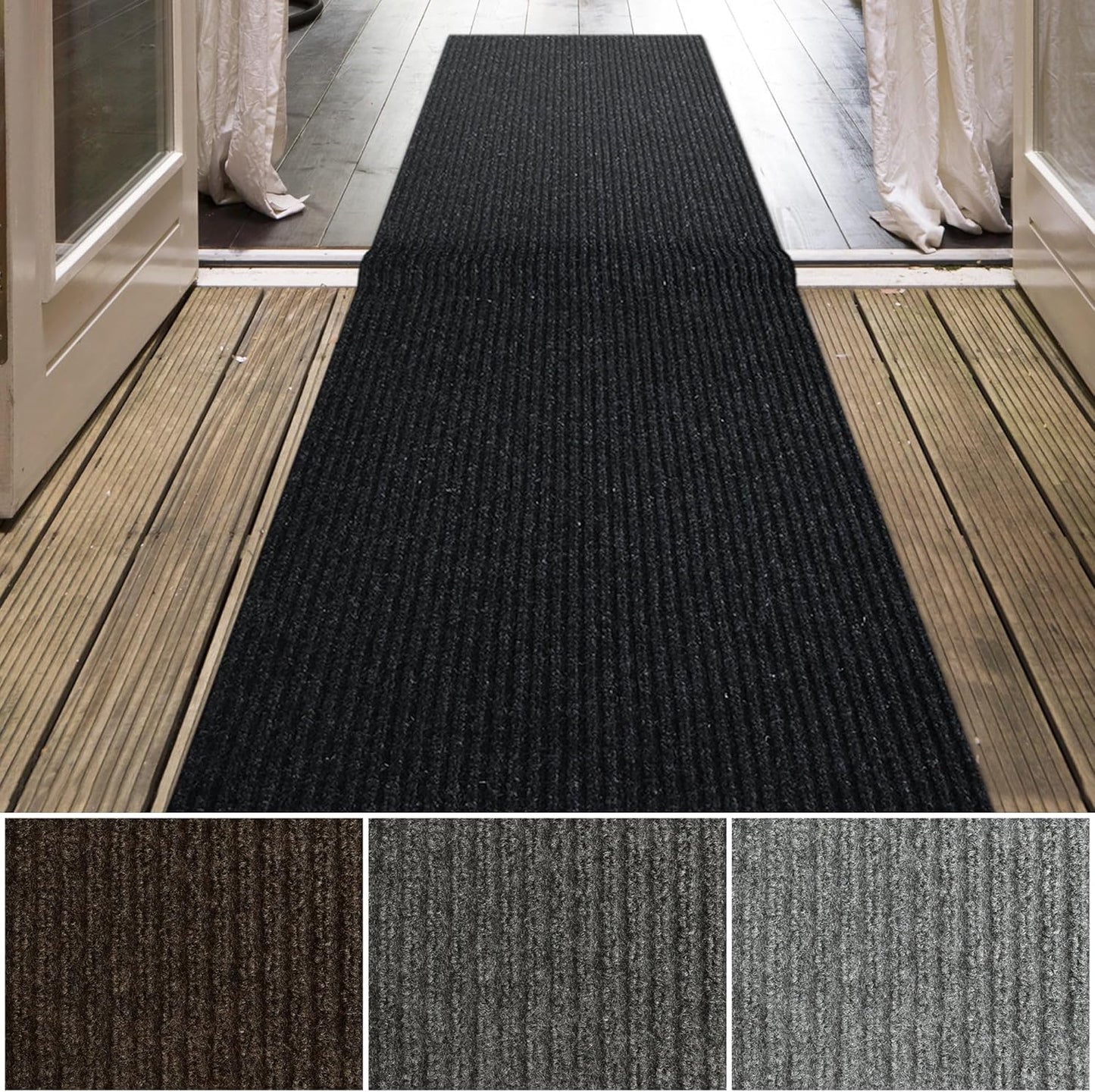 iCustomRug Spartan Weather Warrior Indoor/Outdoor Utility Ribbed Carpet Runner with Non-Slip Thermoplastic Rubber Backing, 28in X 80ft in Black