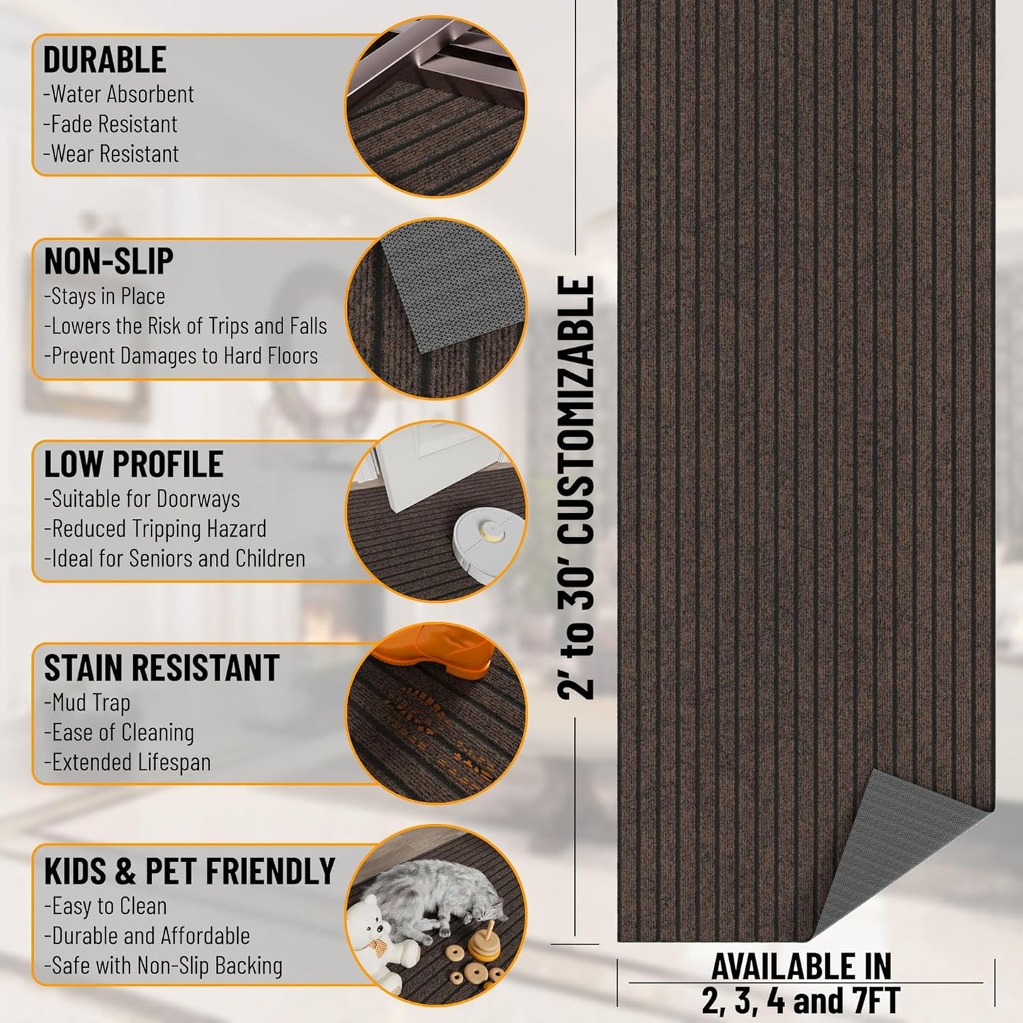 Ottomanson 2' x 8' Hallway Runner with Scraper Pile Extra Durable Non-Slip Rug Mat for Indoor & Outdoor Use - Ideal for Kitchen, Entryway, Patio & Garage - High-Traffic Carpet, Brown