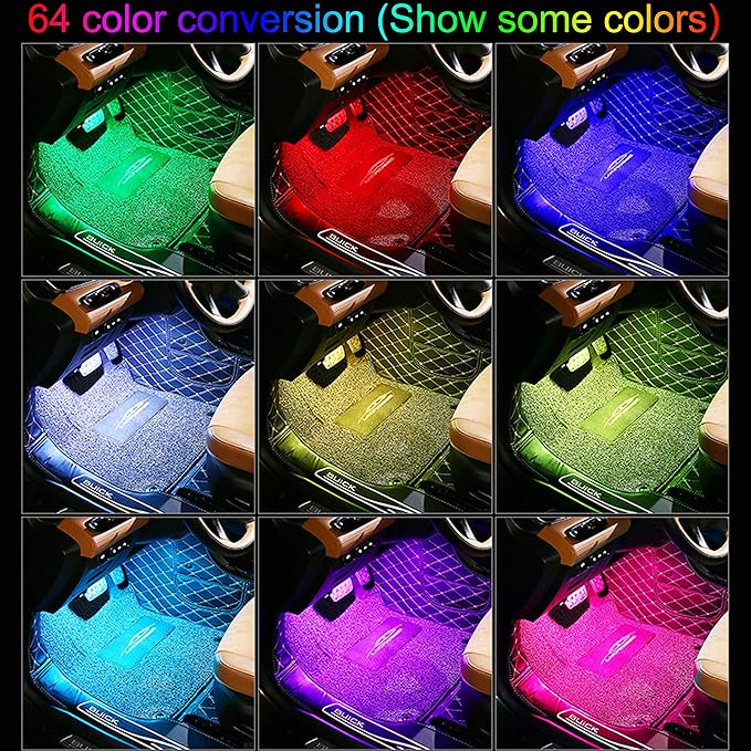 RGB Car Footwell Ambient Lighting Kit 16.7 Millions Colors Sound Active Music Sync APP Control + RF Remote Controller DC Line Car Interior Multicolored Footwell Atmosphere Light DC 12V