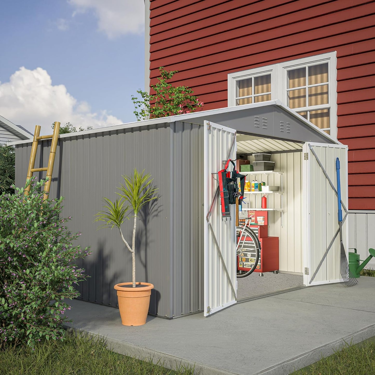 10×8 FT Metal Outdoor Storage Shed, Large Garden Sheds with Lockable Doors, All Weather Anti-Corrosion Galvanized Steel Tool House for Backyard Garden Lawn,Grey