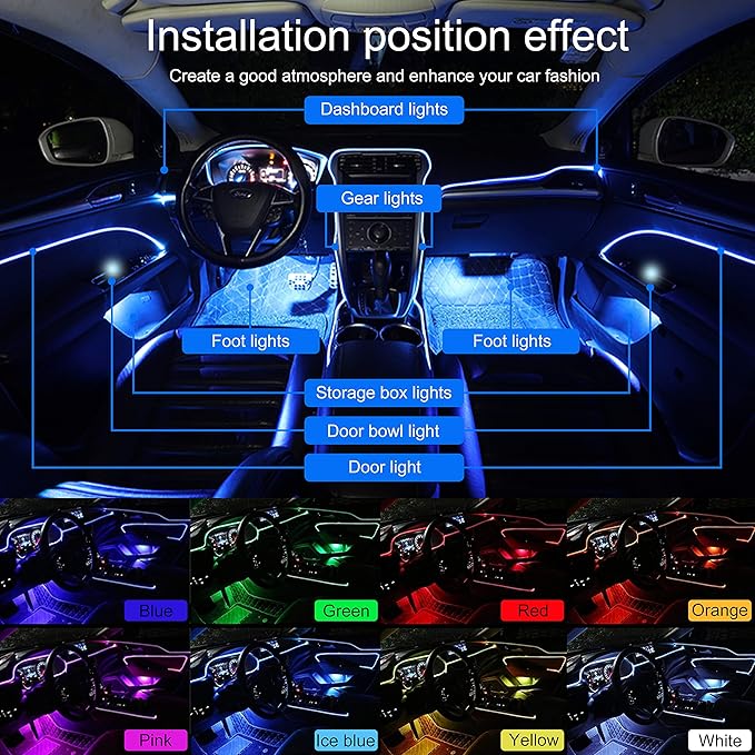 64 Colors Car Ambient Lighting Fiber Optic RF Remote + APP Control Multicoloured Music Car Atmosphere Decorative Lighting Kit 1W DC 12V-24V 3m