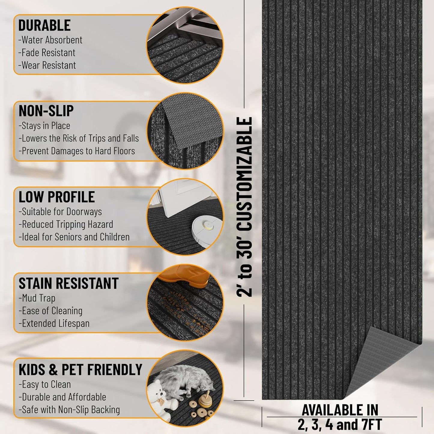 Ottomanson 2' x 28' Hallway Runner with Scraper Pile Extra Durable Non-Slip Rug Mat for Indoor & Outdoor Use - Ideal for Kitchen, Entryway, Patio & Garage - High-Traffic Carpet, Black