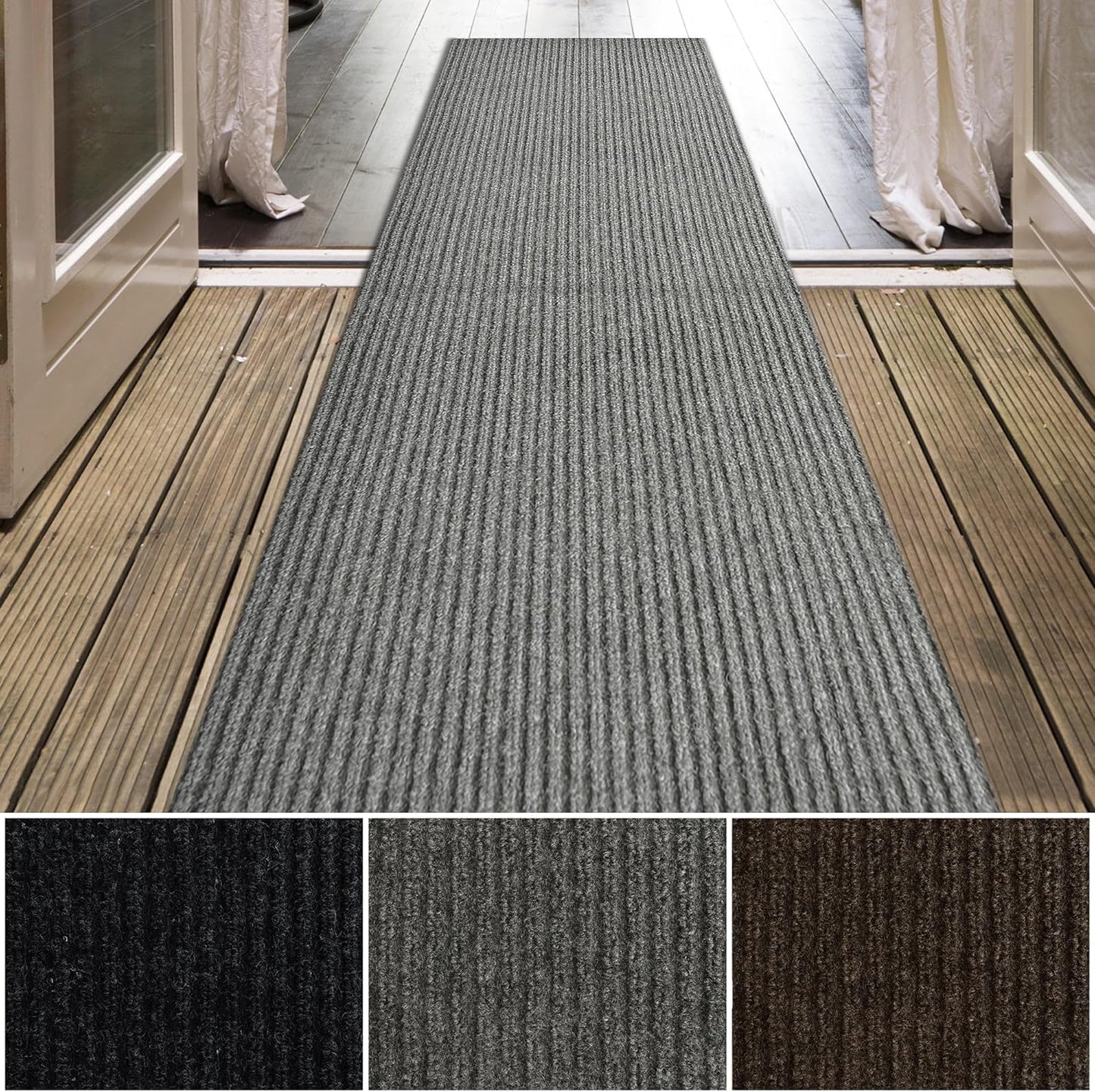 iCustomRug Spartan Weather Warrior Indoor/Outdoor Utility Ribbed Carpet Runner with Non-Slip Thermoplastic Rubber Backing, 3ft X 30ft in Grey