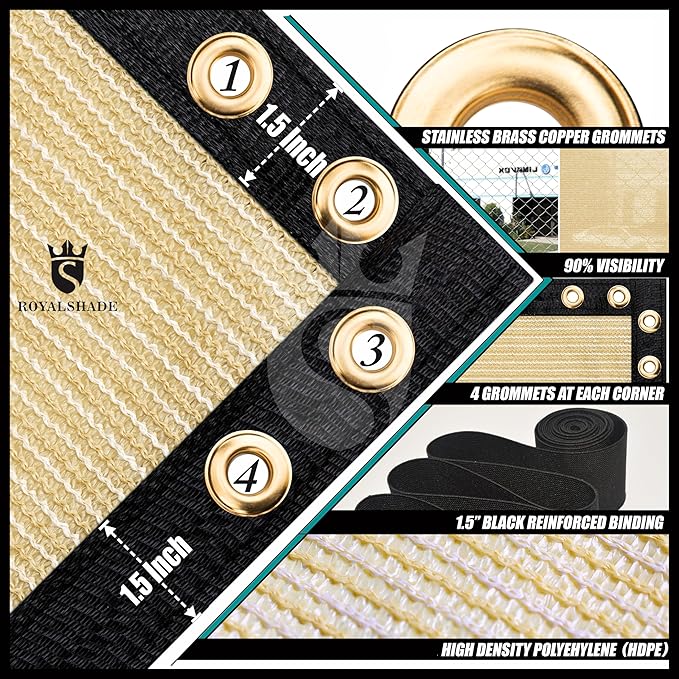 Royal Shade Custom Size 5' x 185' Beige Fence Privacy Screen Windscreen Cover Netting Mesh Fabric Cloth - Cable Zip Ties Included (We Make Custom Size)
