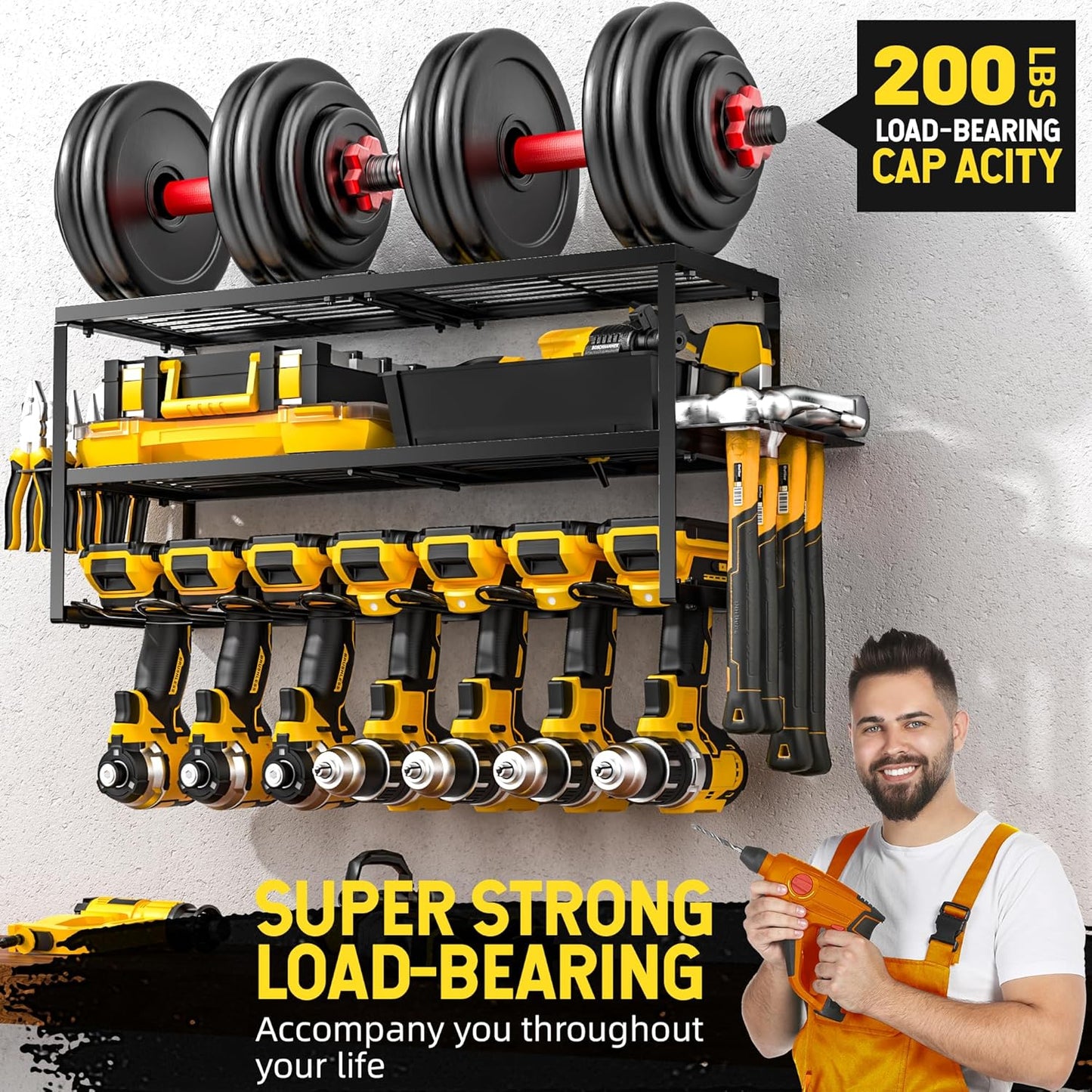 Power Tool Organizer-7 Drill Holder Wall Mount, Garage Organization Storage, 3 Layer Heavy Duty Metal Power Tool Rack,Garage Tool Organizer with Screwdriver Plier Hammer Holder, Men Dad Gifts