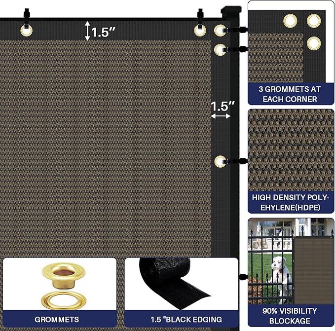 Windscreen4less Privacy Fence Screen Heavy Duty Windscreen Fencing Mesh Fabric Shade Net Cover with Brass Grommtes for Outdoor Wall Garden Yard Pool Deck, 8'x182' Brown
