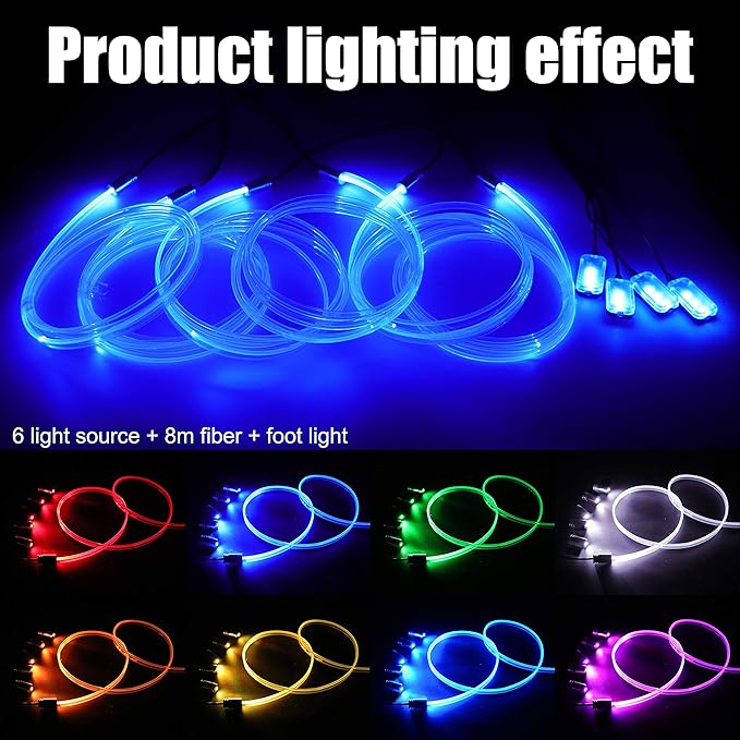 Car Atmosphere Light Kit 8m Fiber Optic RGB Multicolor Sound Active Music Sync Memory Function Bluetooth APP Control 64 Colors USB Car Interior Footwell Ambient Lighting Kit DC 12V