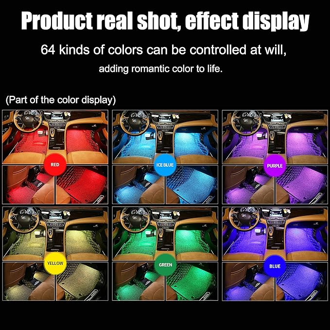 Car Ambient Lighting with Bluetooth App Control + RF Remote Control 64 Colors Multicoloured Music Interior Footwell Lighting Kit DC 12V 1W