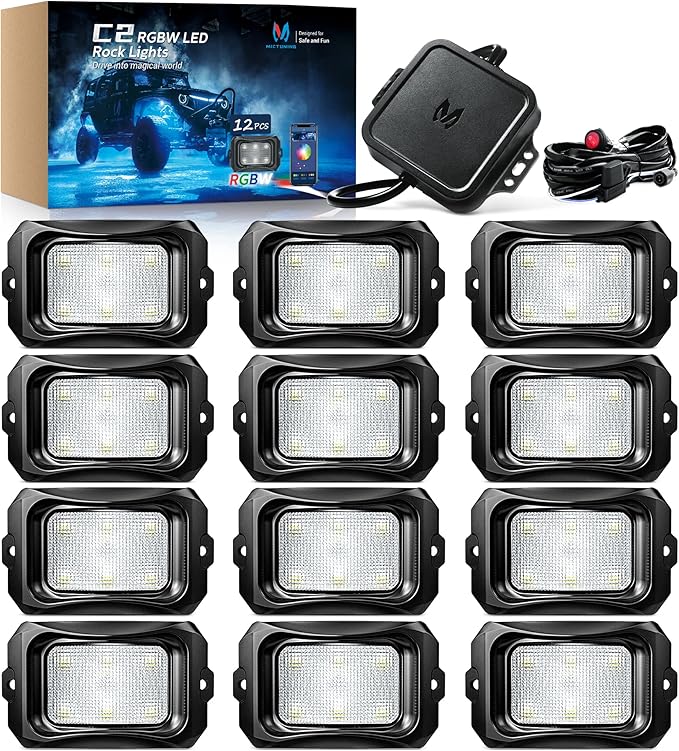 MICTUNING C2 Curved RGBW LED Rock Lights - 12 Pods Underglow Multicolor Neon Light with Wiring Switch Kit, Bluetooth Controller with APP Control