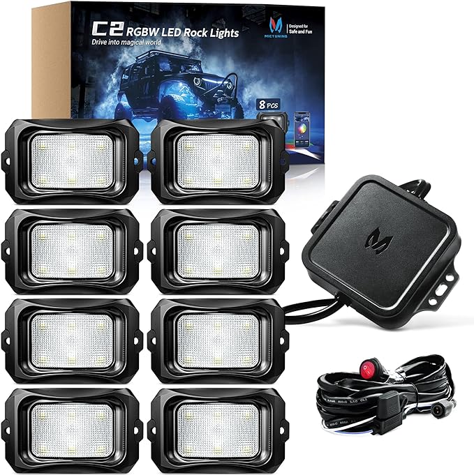 MICTUNING C2 Curved RGBW LED Rock Lights - 8 Pods Underglow Multicolor Neon Light with Wiring Switch Kit, Bluetooth Controller with APP Control