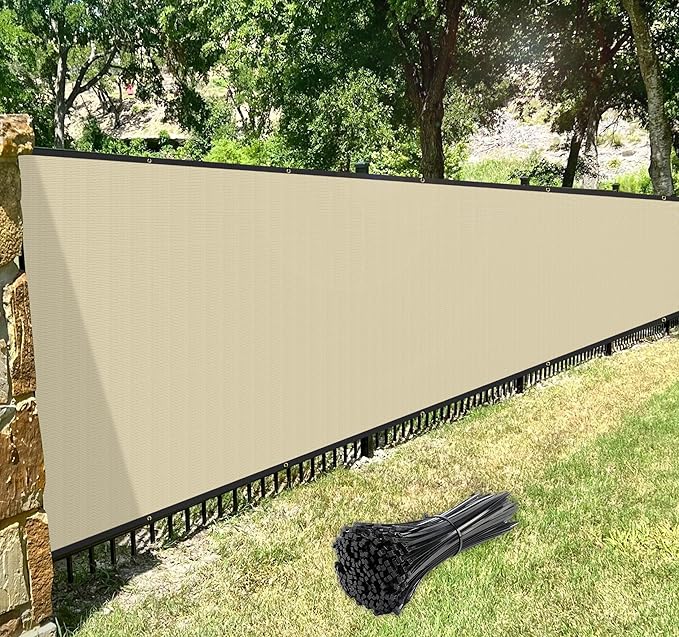 Windscreen4less Privacy Fence Screen Heavy Duty Windscreen Fencing Mesh Fabric Shade Net Cover with Brass Grommtes for Outdoor Wall Garden Yard Pool Deck, 8'x44' Beige